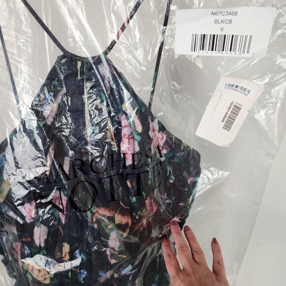 NWT Marchesa Notte Flowering Floral Keyhole High Low Gown Black Combo Size 6 - Picture 4 of 16